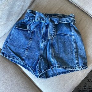 High Waisted Denim Shorts with Tie Waist